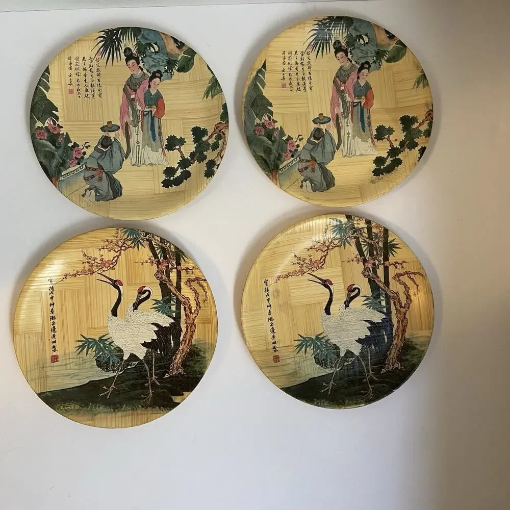 Bamboo, 4 Piece, Small Plates The Tipsy Dancer And Pine Crane, Asian Decor
